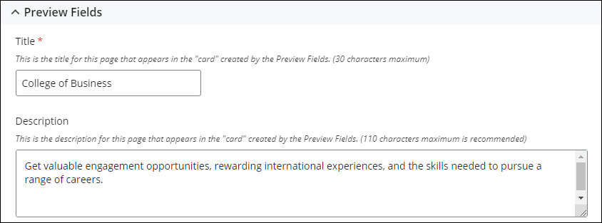 Text content entry fields for the Preview component