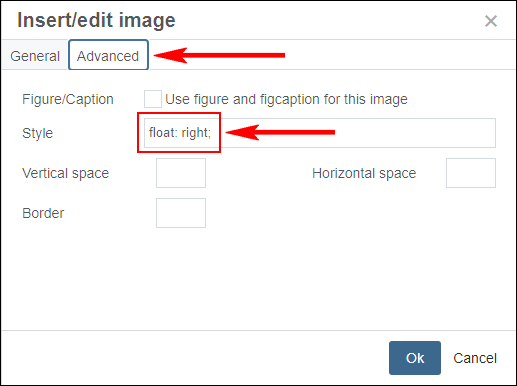 Image set to float right in Insert Image dialog