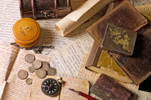 old letters, coins and compass