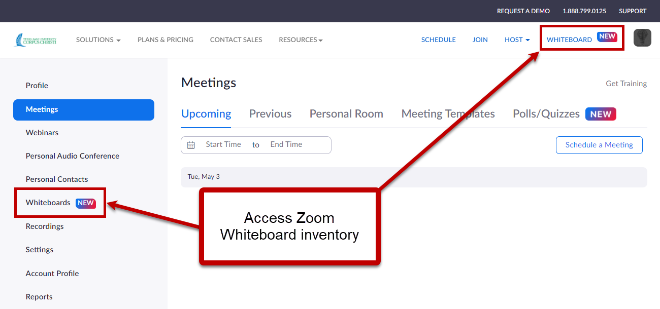 Zoom web portal page showing new Whiteboard access links in the top actions menu, and  left navigation menu.