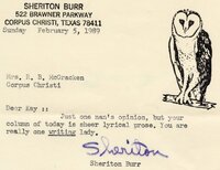 Brief typed note. Image of an owl on right-hand side of page. 