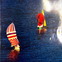 Page 1: two colorful sailboats sailing in blue water