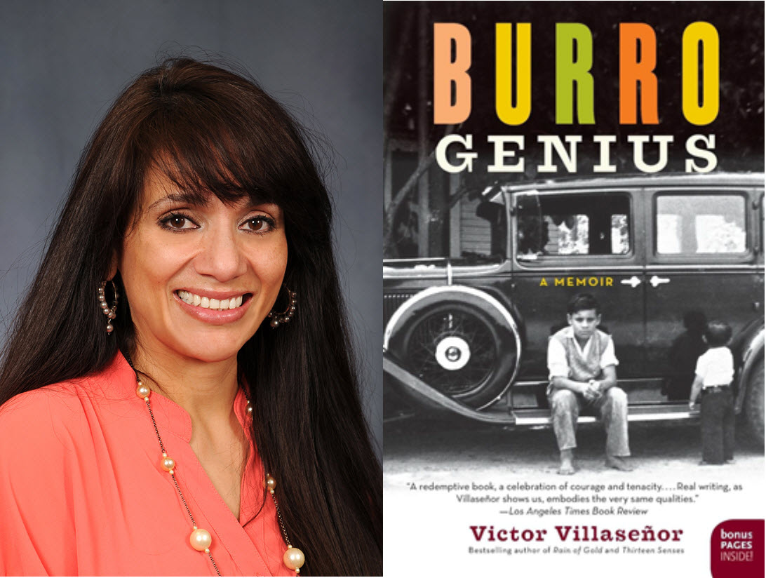 Carmen Tejeda-Deldago's portrait with the book cover from Burro Genius