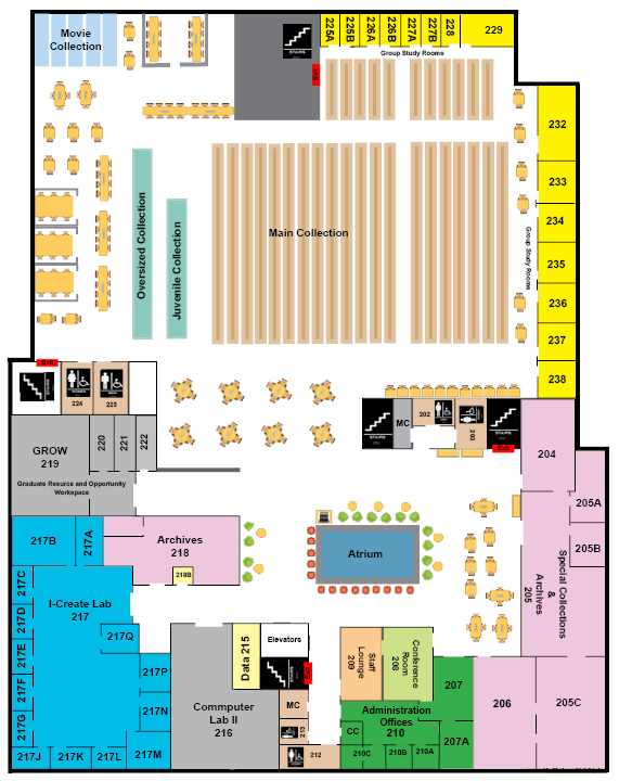 Floor map for the second floor of the Mary and Jeff Bell Library
